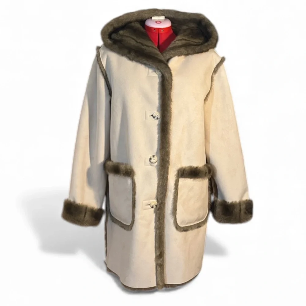 Dennis Basso Reversible Faux Fur Faux Suede Coat with Hood Size Medium - Picture 3 of 16